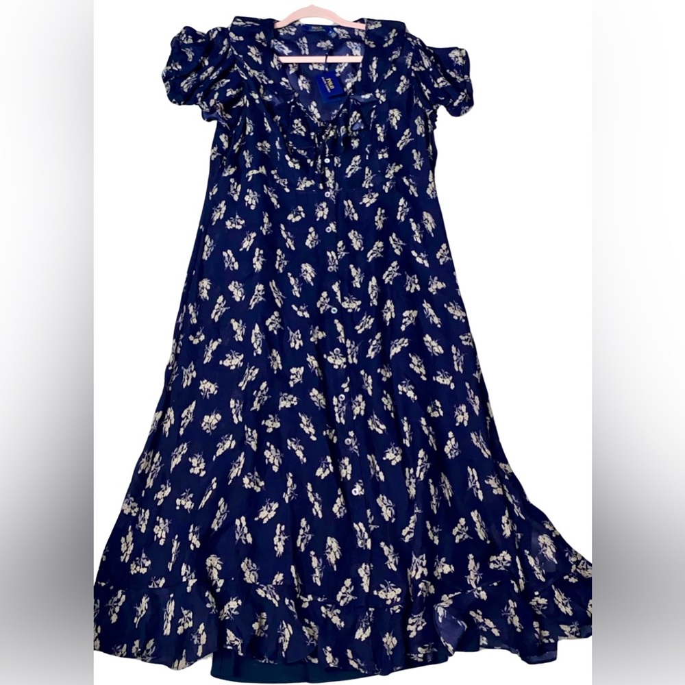 Polo by Ralph Lauren Blue Smocked Midi Sundress with layered Sleeves